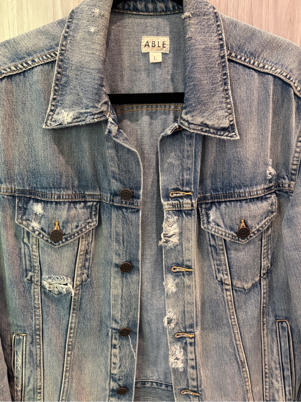 ABLE distressed denim jacket- size L - Picture 3 of 4